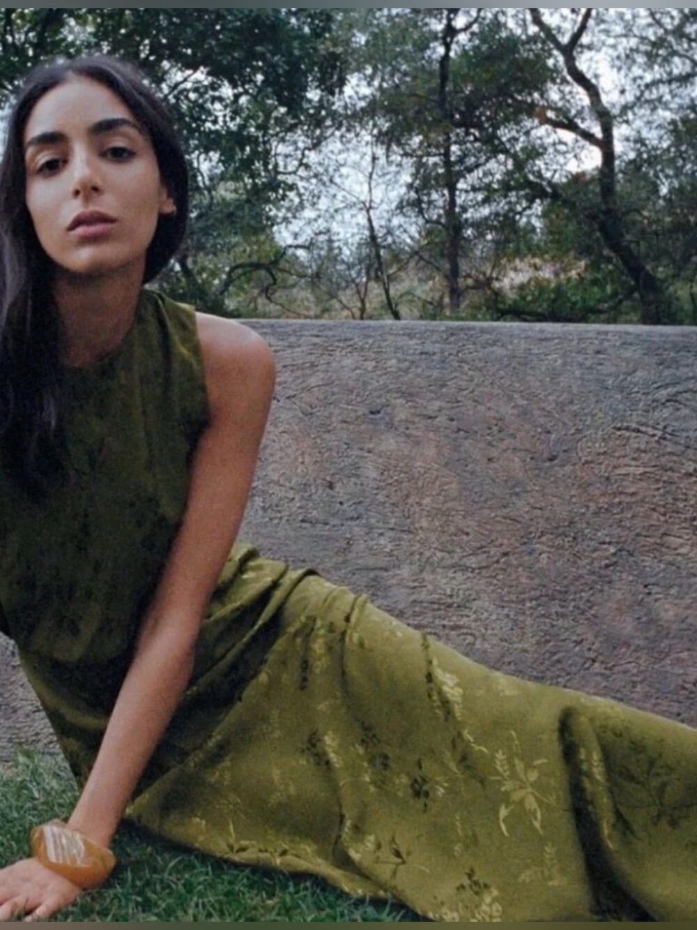 Zara Olive Green Ruched Jacquard Floral Midi Dress, Size Small